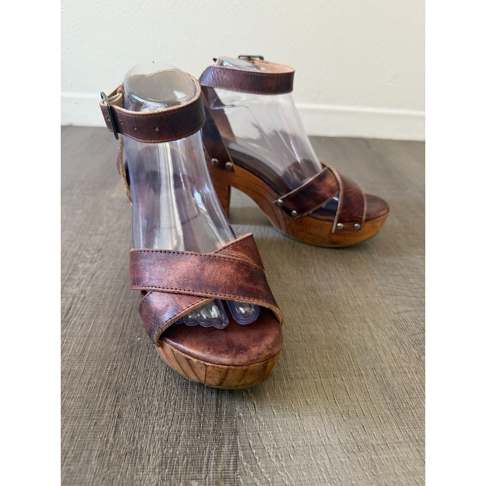Bed Stu Women's Brown Leather Platform Sandals with Ankle Strap